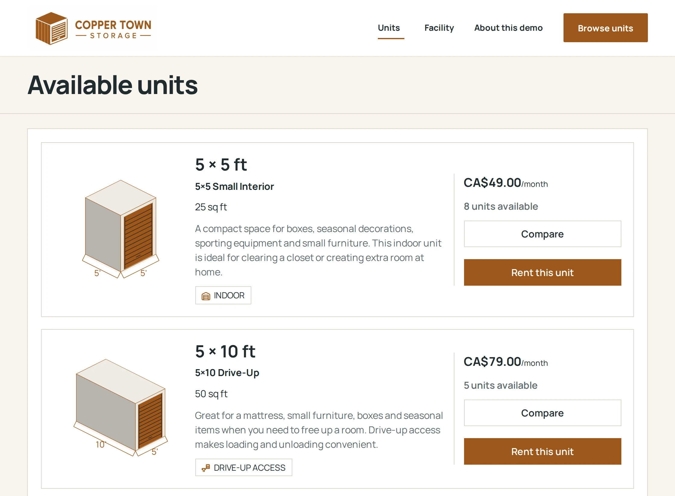 Coppertown Storage’s own website, with its copper logo and navigation above available units. Copper storage illustrations face the unit sizes, features, monthly prices, availability and square Rent this unit buttons.
