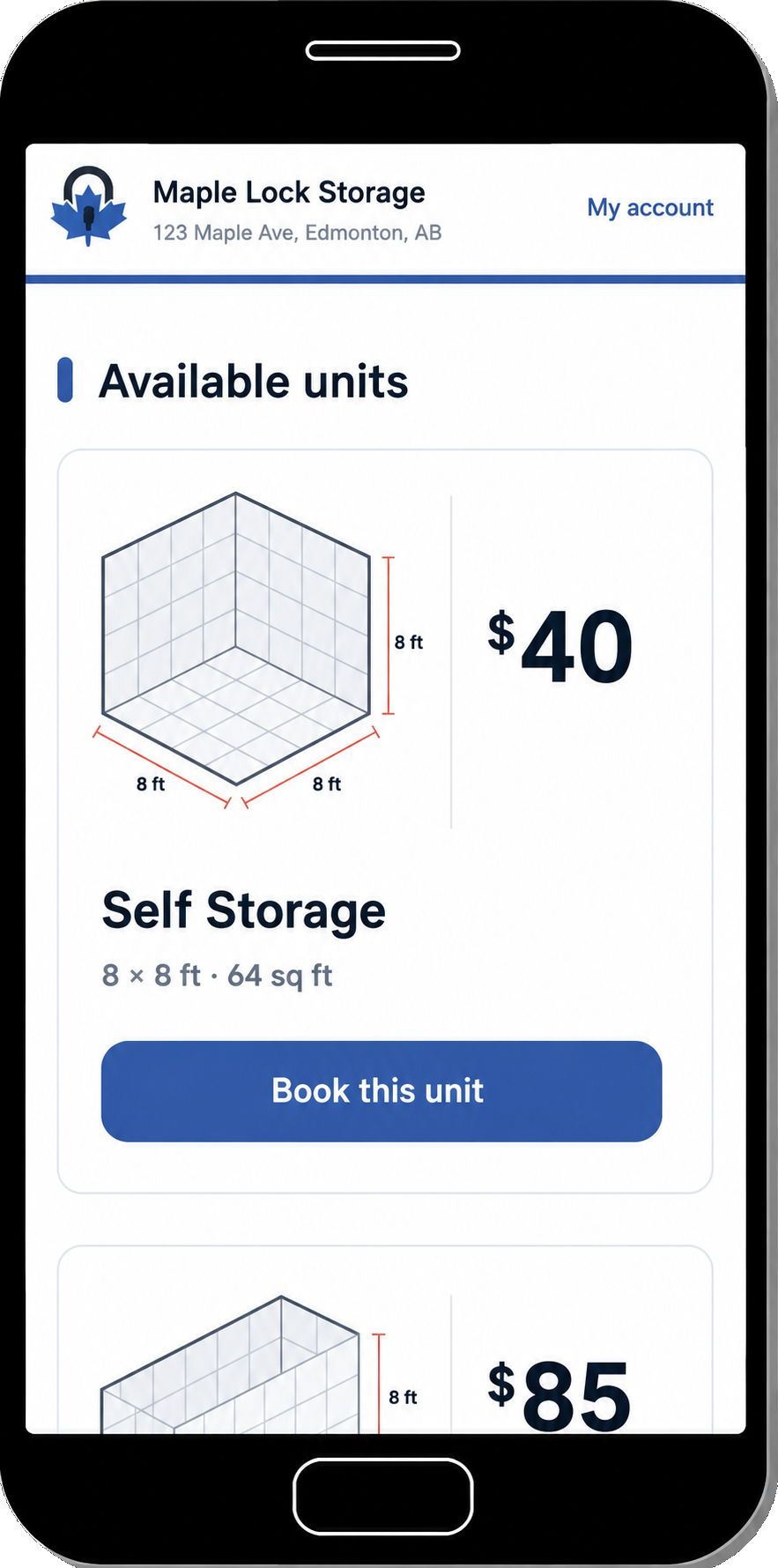 StorageHand mobile rental preview for Maple Lock Storage, showing available units and monthly rates on a phone.